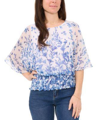 Petite Printed Round-Neck Smocked-Waist Top Product Image