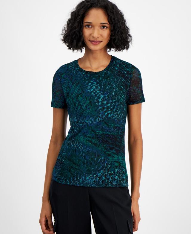 Bar Iii Womens Printed-Mesh Short-Sleeve Top, Created for Macys Product Image