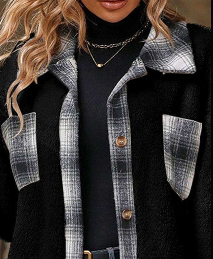 Collared Plaid Panel Button-Up Coat Product Image