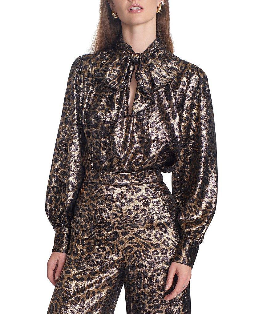 COREY LYNN CALTER Mariposa Metallic Leopard Print Tie Neck Long Sleeve Top Product Image