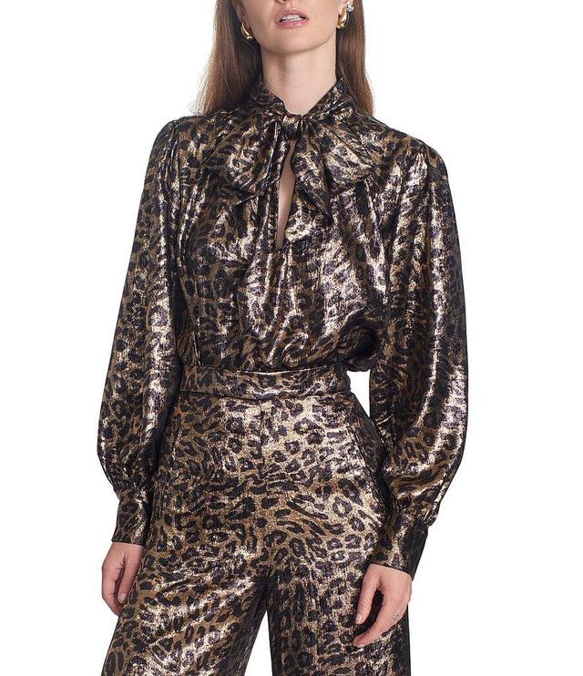 COREY LYNN CALTER Mariposa Metallic Leopard Print Tie Neck Long Sleeve Top Product Image