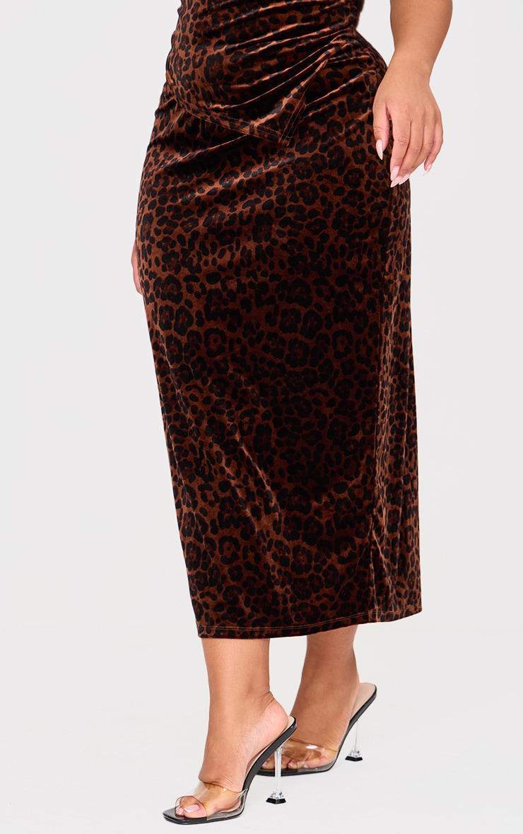 Plus Brown Velvet Animal Print Midi Skirt Product Image