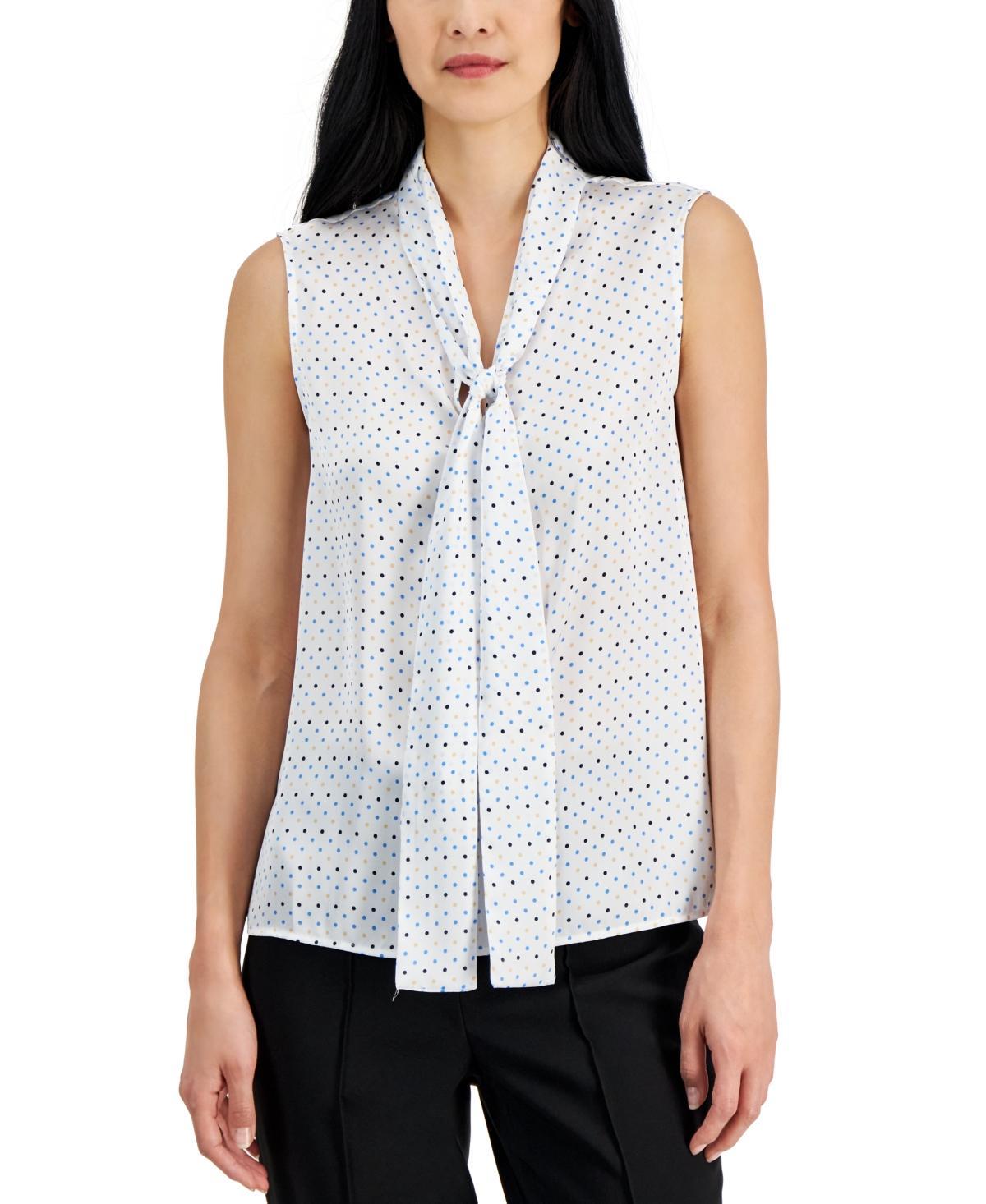 Anne Klein Womens Dot-Print Scarf-Neck Sleeveless Top - Bght Wht Product Image