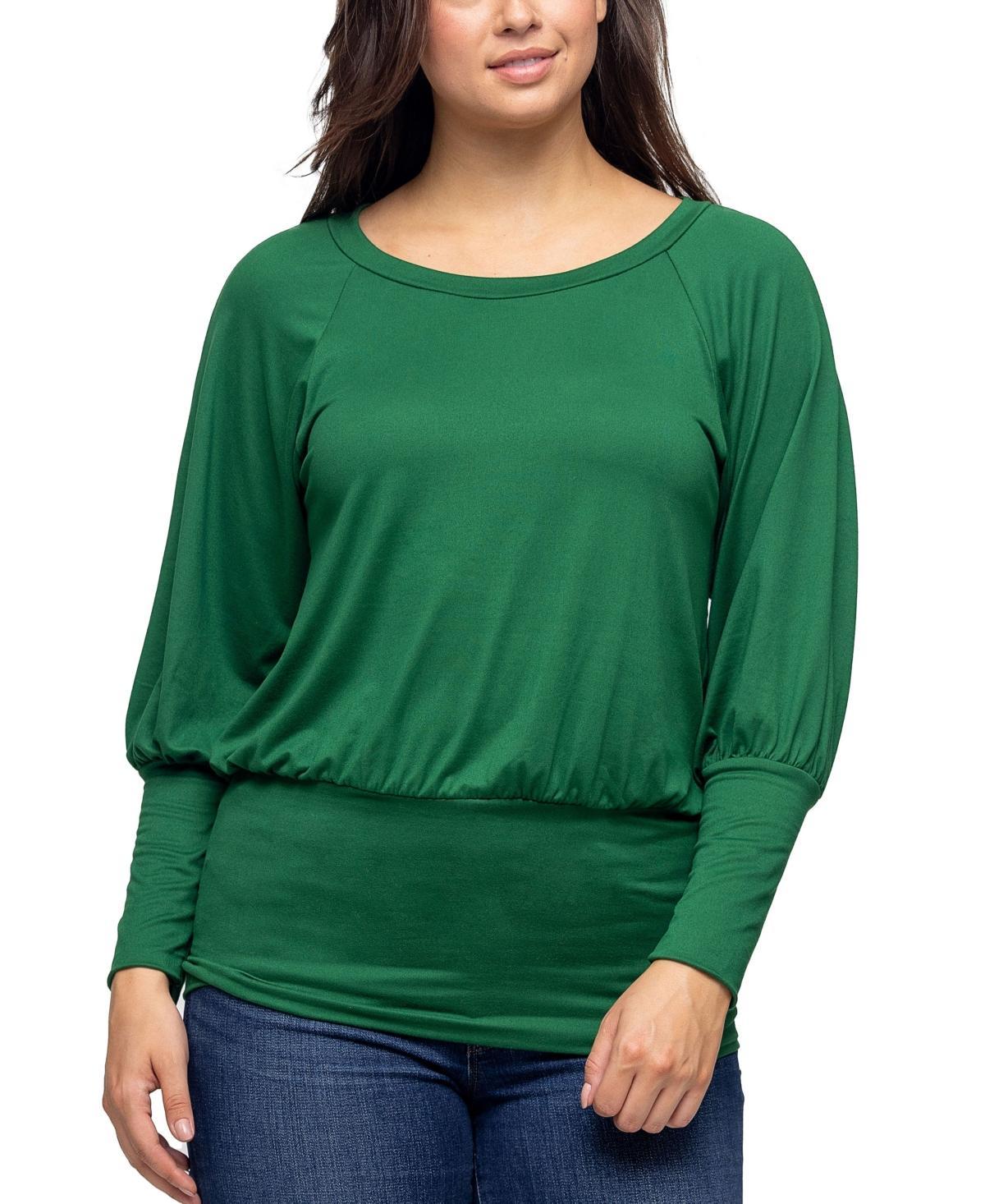 Womens 24Seven Comfort Apparel Round Neck Long Blouson Sleeve Banded Bottom Top Green Product Image