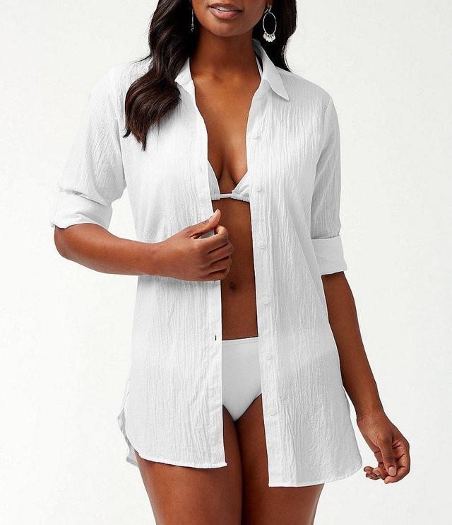 Tommy Bahama Crinkle Cotton Point Collar Long Roll-Tab Sleeve Boyfriend Swim Cover Up Shirt Product Image