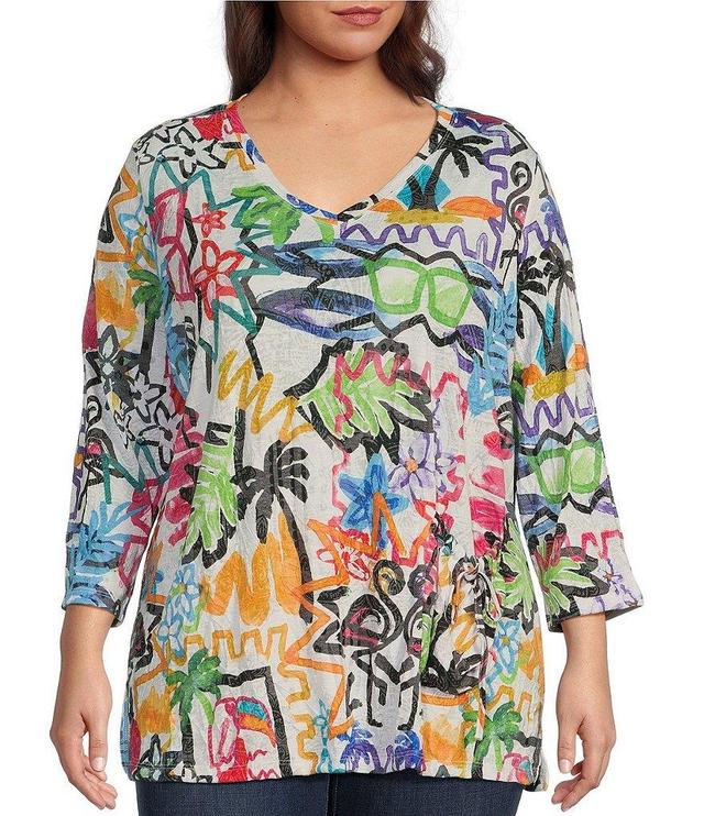 Ali Miles Plus Size Abstract Doodle Art Print Crinkle Knit V-Neck 3/4 Sleeve Pop Over Tunic Product Image