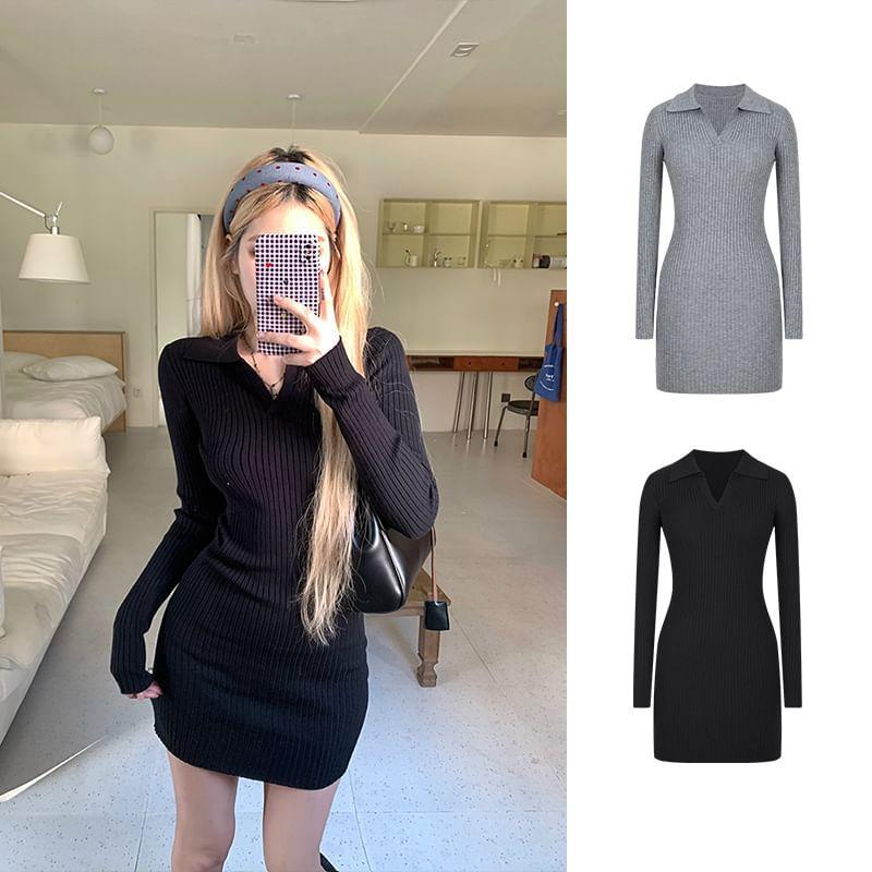 Long Sleeve Open Placket Plain Ribbed Knit Mini Sheath Polo Dress Product Image