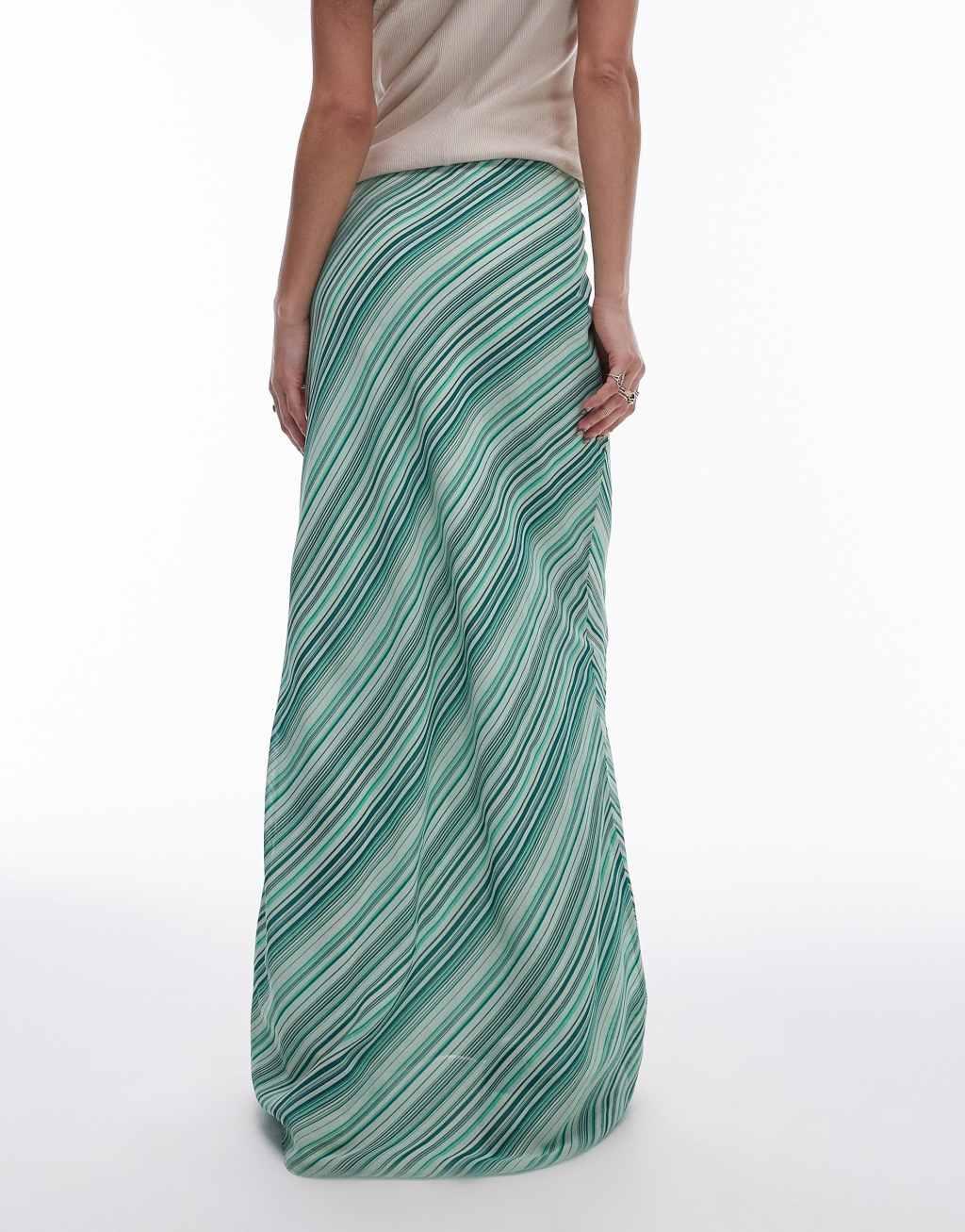 Topshop georgette maxi skirt in green diagonal stripe Product Image