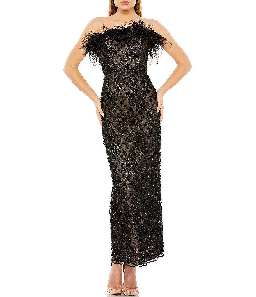 Mac Duggal Sequin Strapless Feather Neck Floral Lace Slit Back Dress Product Image