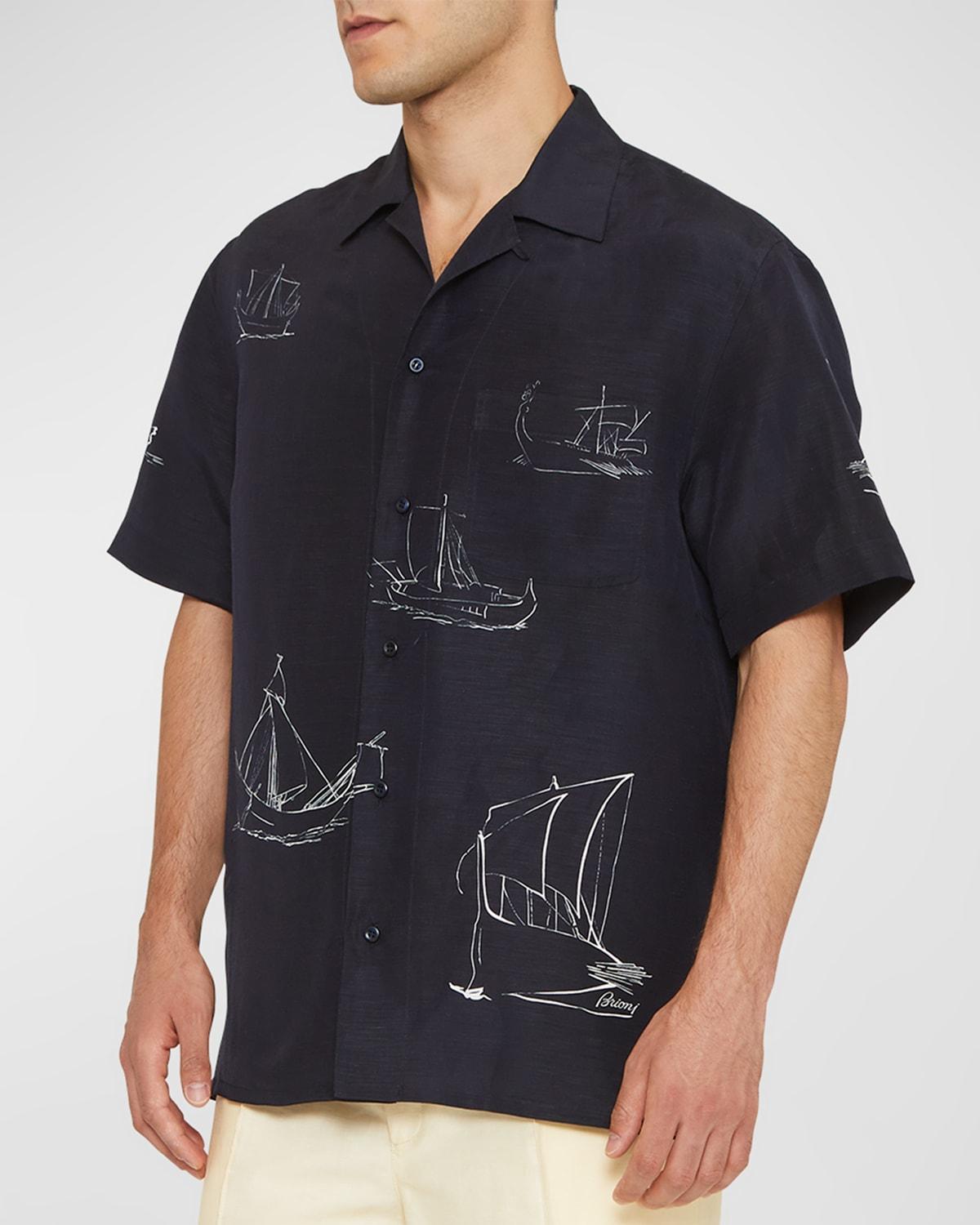 Brioni Men's Sail-Print Cotton Camp Shirt - Size: 3X-LARGE - WHITENAVY Product Image