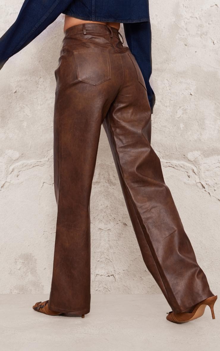 Chocolate Washed Faux Leather Straight Leg Trousers Product Image