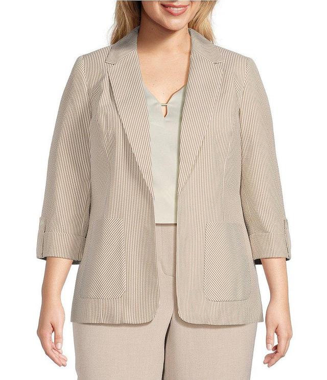 Kasper Plus Size Seersucker Notch Lapel 3/4 Roll-Tab Sleeve Coordinating Patch Pocket Jacket Product Image