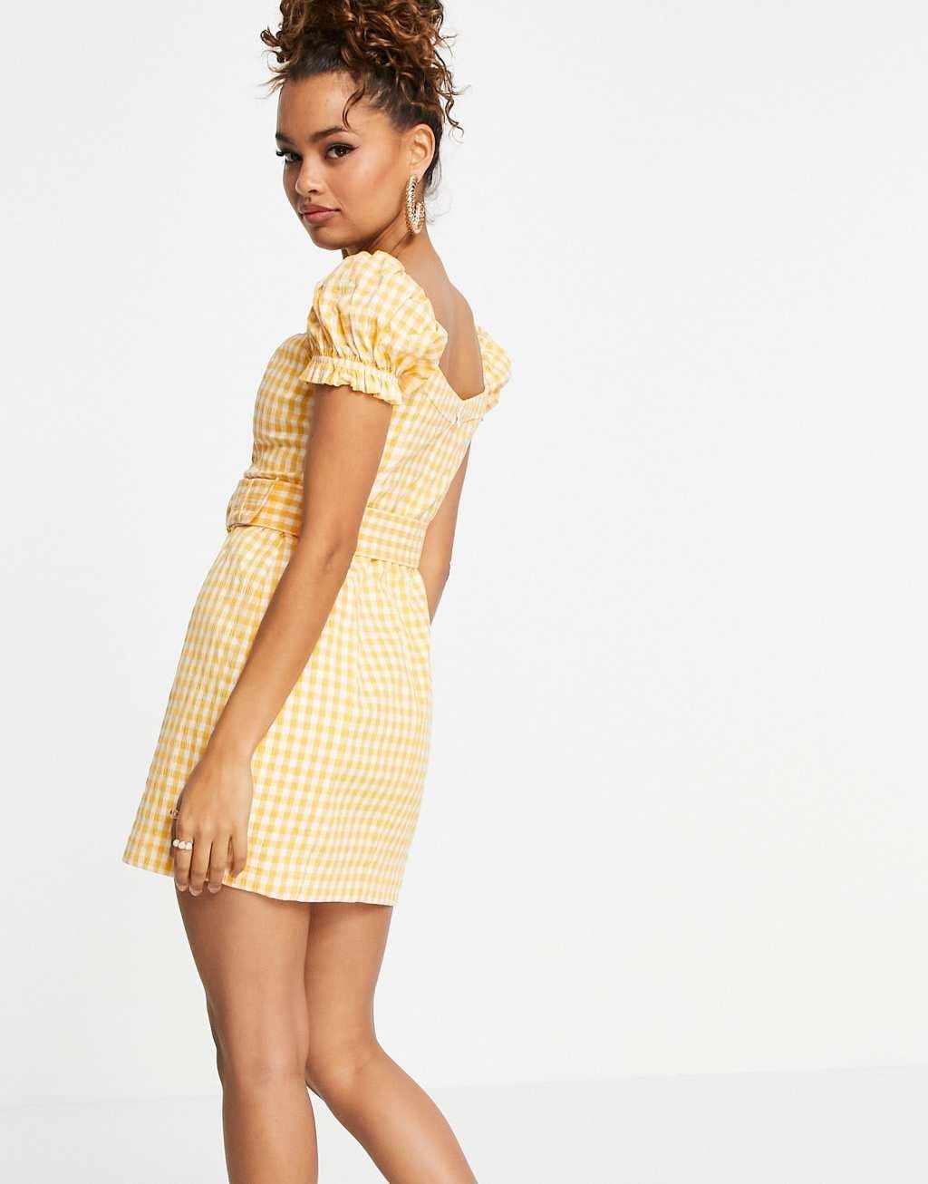 Ever New Petite puff sleeve belted mini dress in amber gingham Product Image