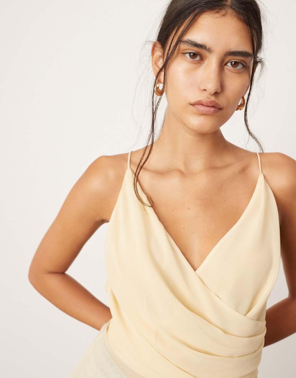 ASOS EDITION wrap front cami top with asymmetric hem in lemon Product Image