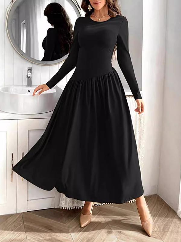 Long Sleeves Skinny Solid Color Split-Joint Round-Neck Maxi Dresses Product Image