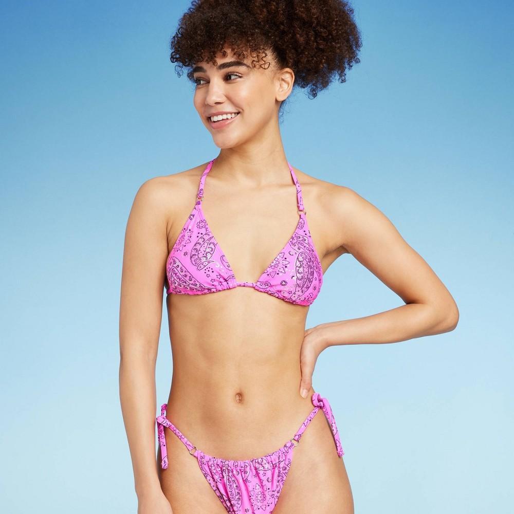 Womens Mini O-Ring Triangle Bikini Top - Wild Fable Pink/Silver Paisley Print Product Image