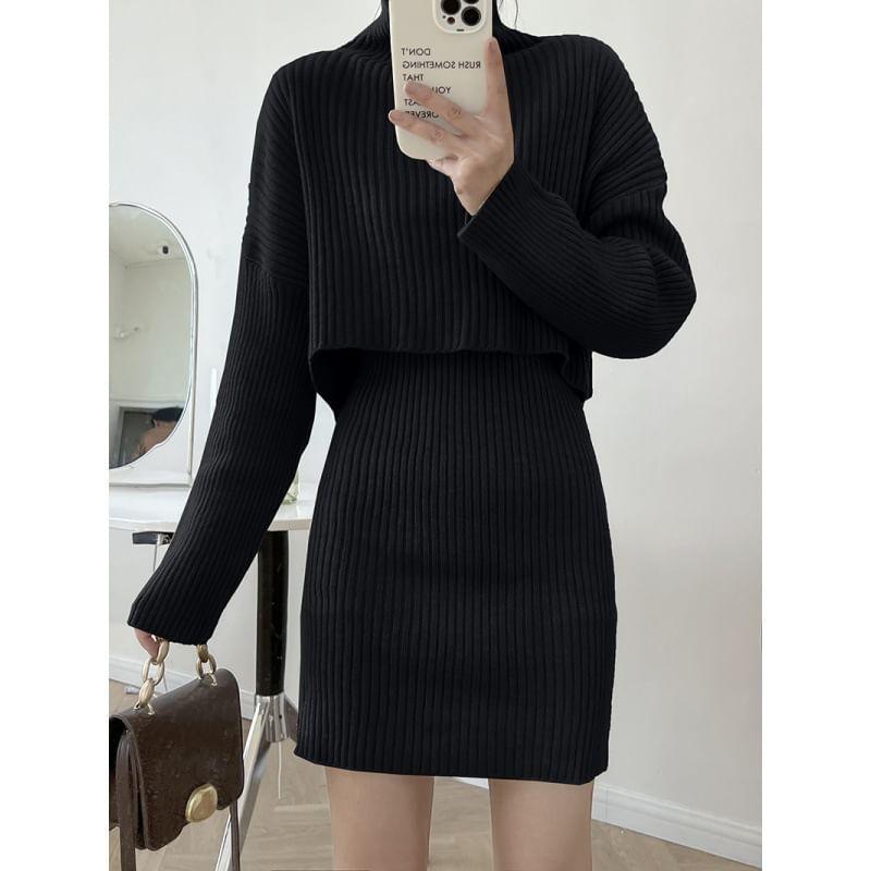 Set: Turtleneck Ribbed Cropped Sweater + Sleeveless V-Neck Mini Sheath Knit Dress Product Image