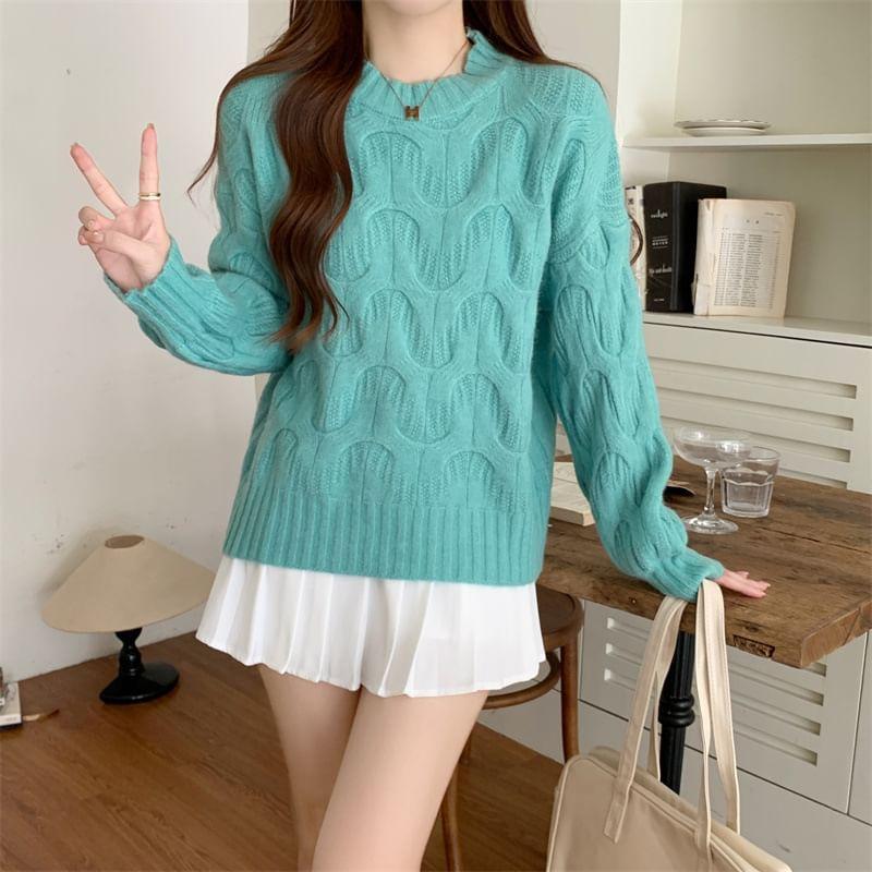 Long-Sleeve Crewneck Cable Knit Sweater Product Image