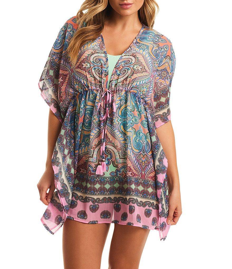 Jessica Simpson Carnival In Rio Chiffon Placement Print V-Neck Caftan Swim Cover-Up Product Image