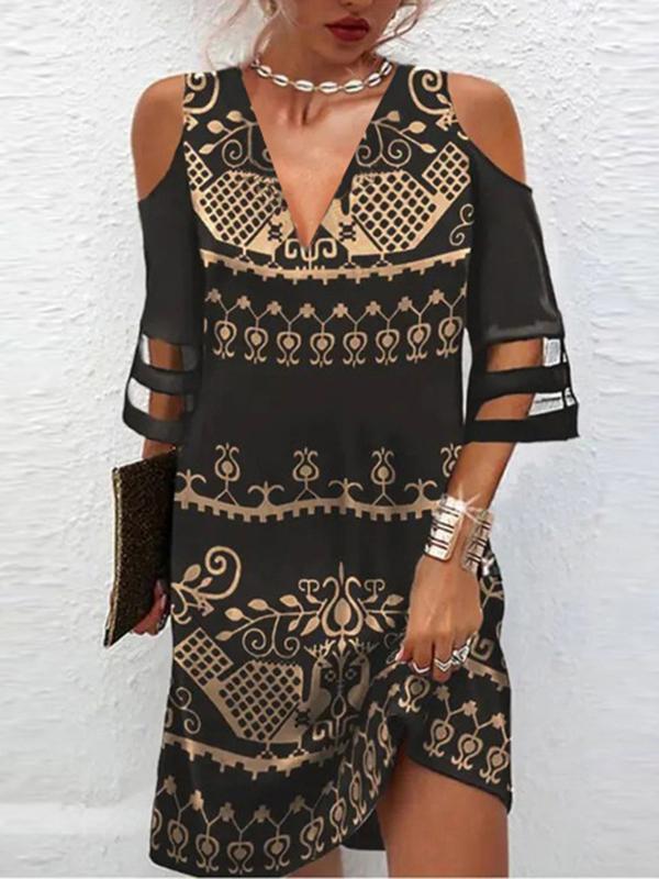 Half Sleeves Loose Hollow Mesh Printed Split-Joint Cold Shoulder Mini Dresses Product Image