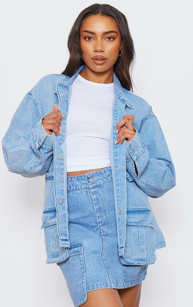 Tall Washed Blue Pocket Detail Oversized Denim Jacket Product Image