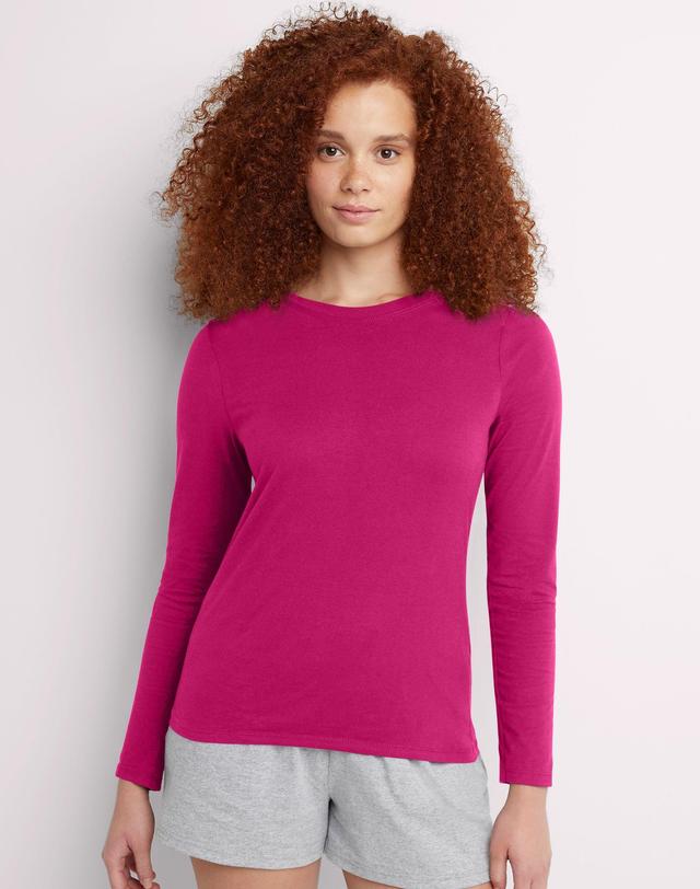 Hanes Womens Long Sleeve Cotton T-Shirt Sizzling Pink M Product Image