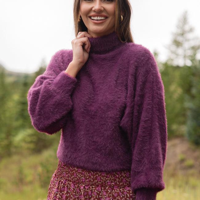 Beyond Me Plum Fuzzy Turtleneck Sweater Product Image