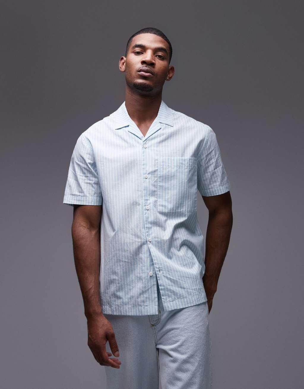 Topman short sleeve boxy striped shirt in light blue Product Image