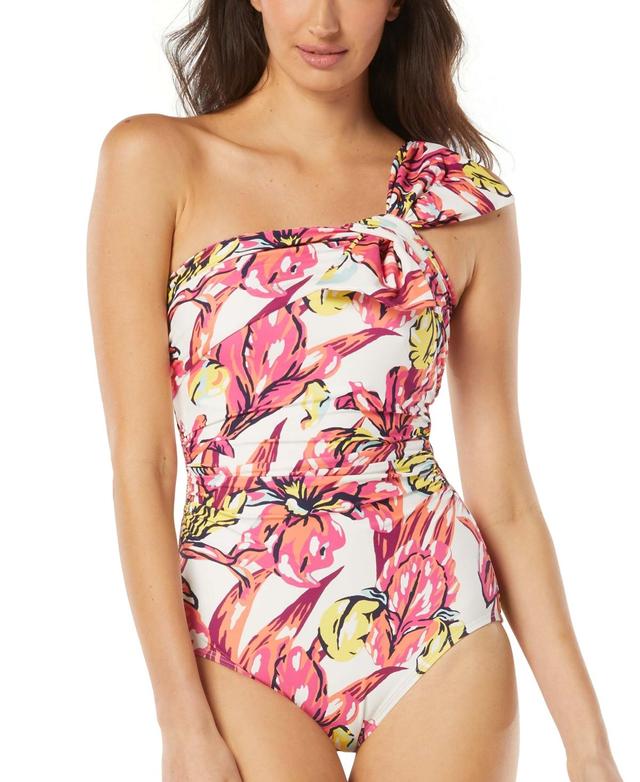 Carmen Marc Valvo Womens Ruched Bow One-Shoulder Swimsuit Product Image