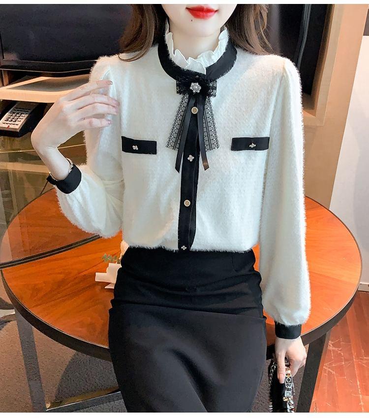 Long-Sleeve Stand Collar Bow Accent Contrast Trim Button-Up Blouse Product Image