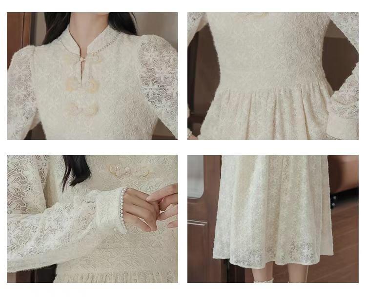 Long-Sleeve Stand Collar Faux Pearl Accent Frog Buttoned Lace Midi A-Line Dress Product Image