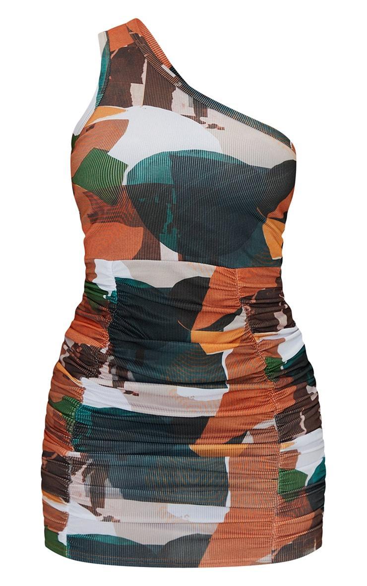 Orange Abstract Print Ribbed One Shoulder Ruched Skirt Bodycon Dress Product Image