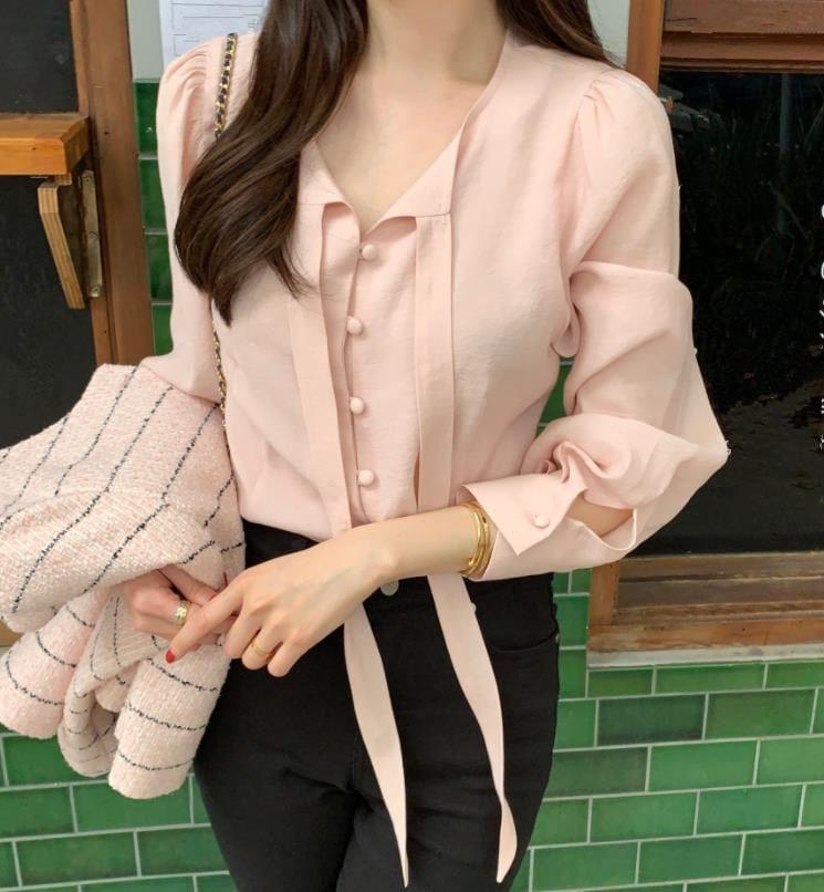 Puff-Sleeve Plain Button-Up Blouse Product Image