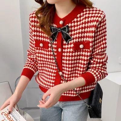 Round Neck Patterned Bow Cardigan Product Image