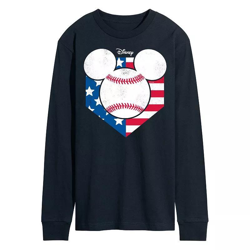 Disneys Mickey Mouse Mens Baseball Flag Long Sleeve Graphic Tee Blue Product Image