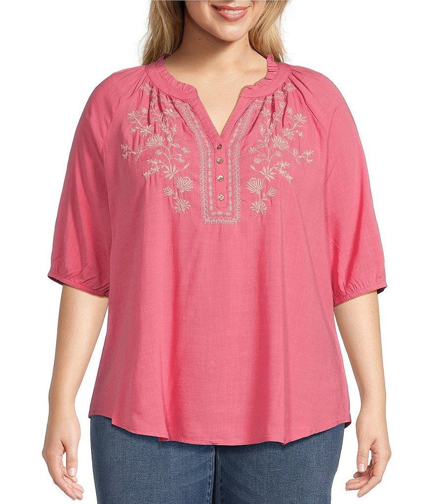 Westbound Plus Size 3/4 Sleeve Ruffle V-Neck Embroidered Yoke Partial Button Front Top Product Image