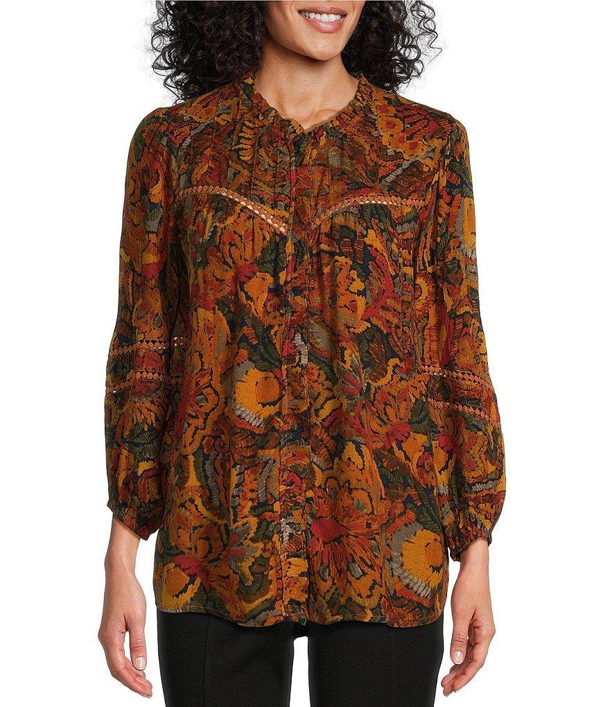 Intro Petite Size Crinkle Gauze Tapestry Print Split V-Neck 3/4 Sleeve Lace Inset Pleated Peasant Top Product Image