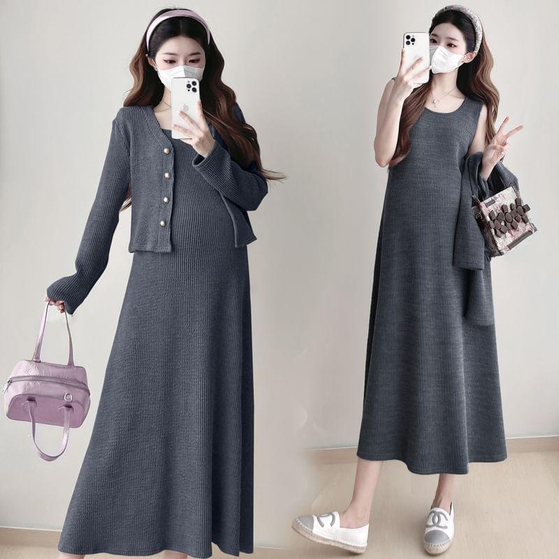 Maternity Set: Sleeveless Scoop Neck Plain Ribbed Knit A-Line Midi Dress + Plain Cardigan Product Image