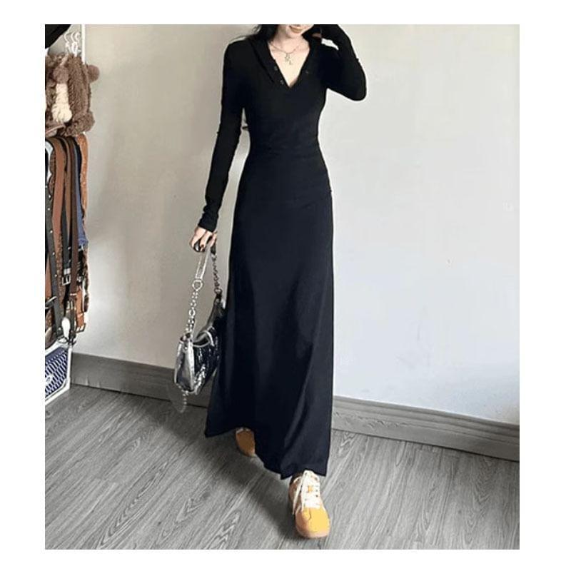 Long-Sleeve V-Neck Plain Maxi A-Line Dress Product Image