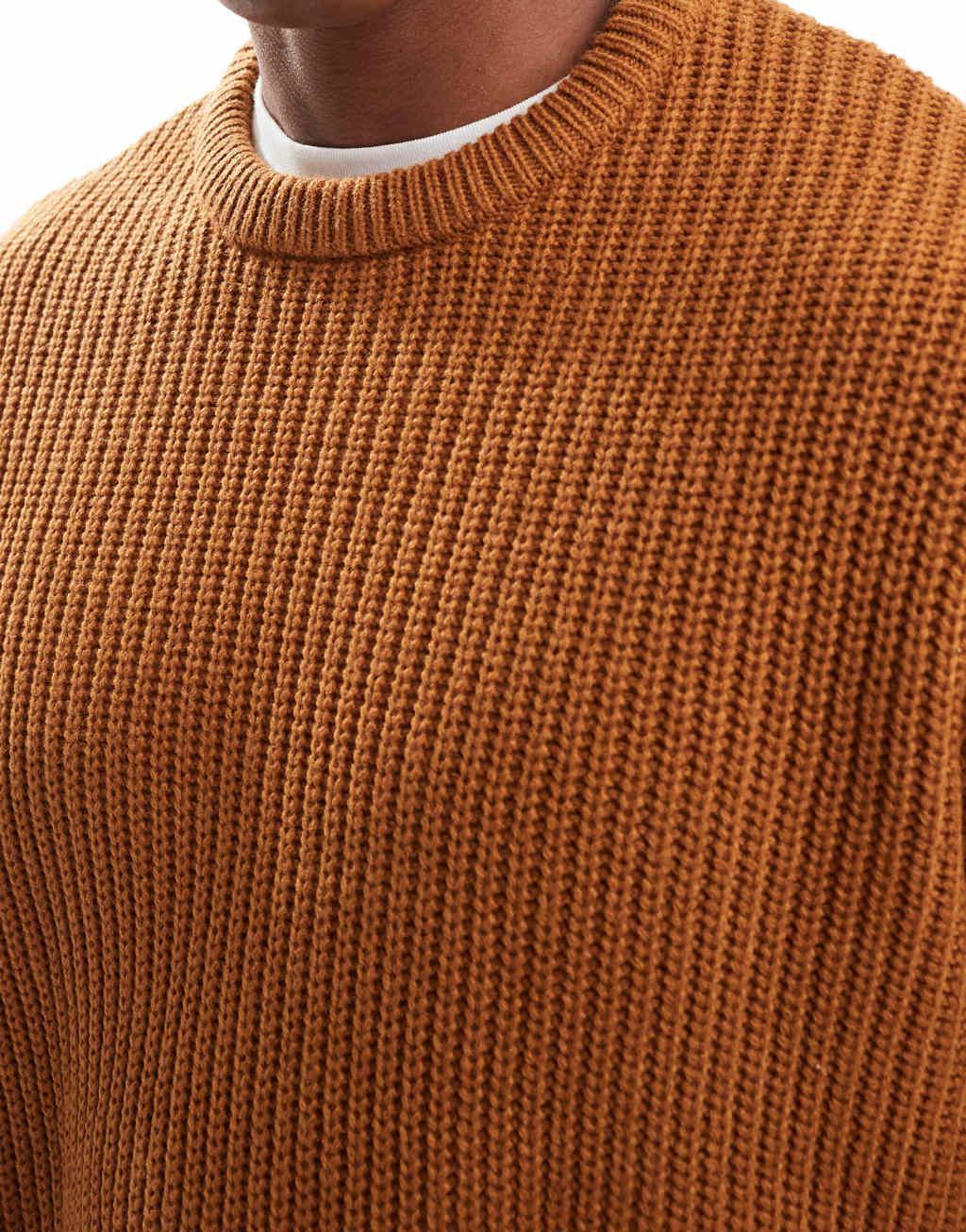 ASOS DESIGN oversized knitted fisherman rib sweater in tan Product Image