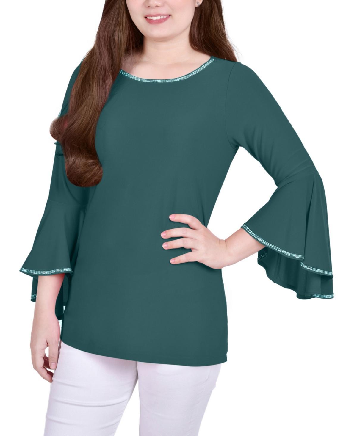 Womens Solid Embellished Round Neck Bell Long Sleeve Top Product Image