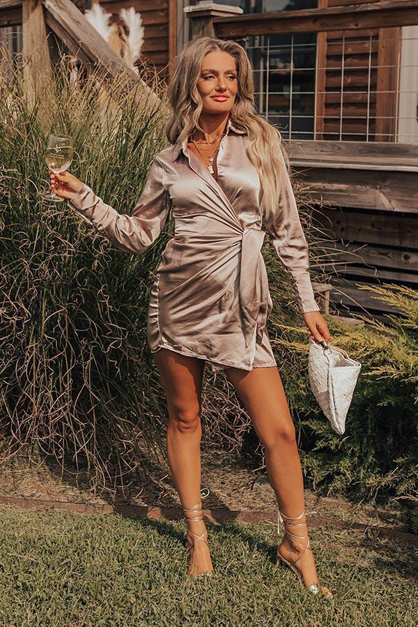 Whirl The Night Away Wrap Dress In Taupe Product Image