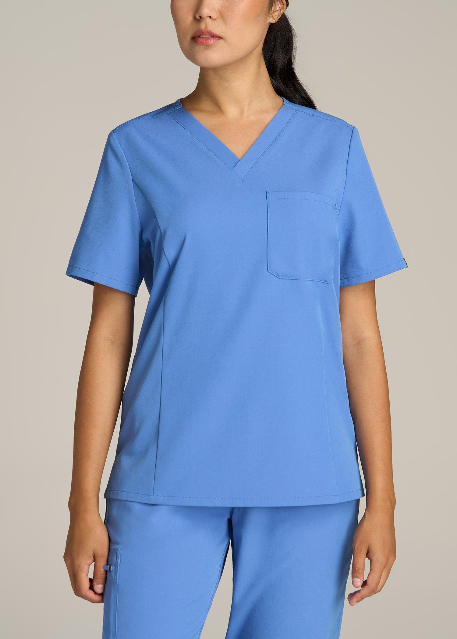 Short Sleeve V-Neck Scrub Top for Tall Women in Deep Sky Blue Product Image