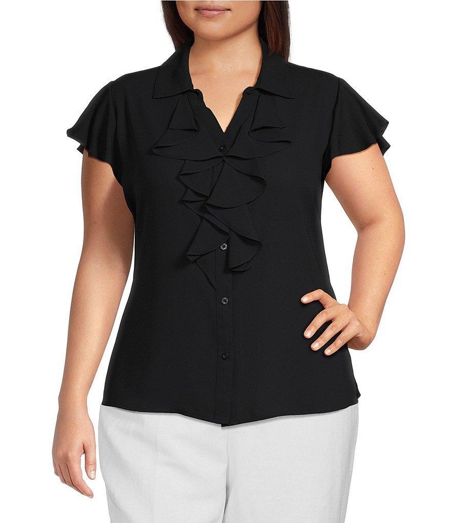 Calvin Klein Plus Size Point Collar Ruffle Front Cap Sleeve Woven Blouse Product Image