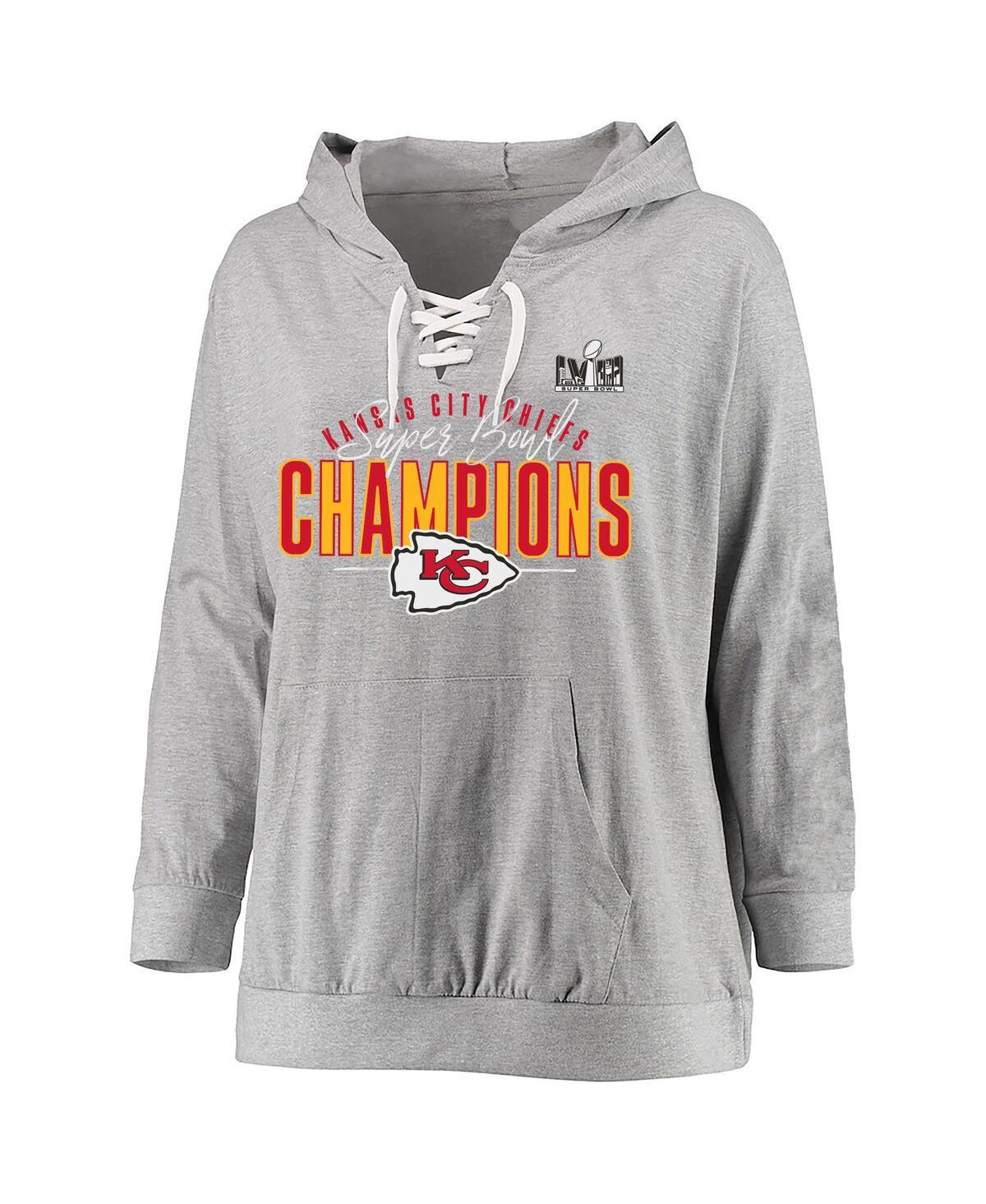 Womens Fanatics Heather Gray Kansas City Chiefs Super Bowl Lviii Champions Plus Size Prestigious Run Long Sleeve Lace-Up Hoodie Product Image