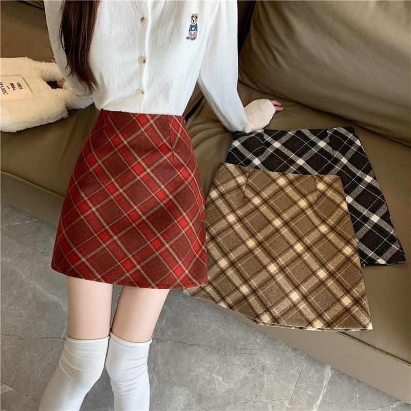 High Waist Plaid Mini A-Line Skirt Product Image