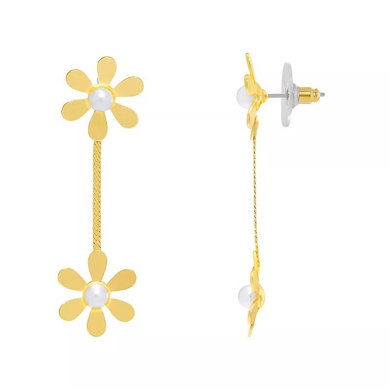 Emberly Gold Tone Simulated Pearl Double Flower Long Drop Earrings, Womens, Yellow Gold Tone Product Image