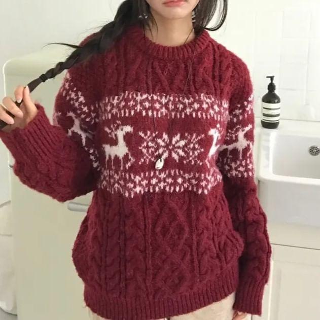 Crew Neck Deer Jacquard Cable Knit Sweater Product Image