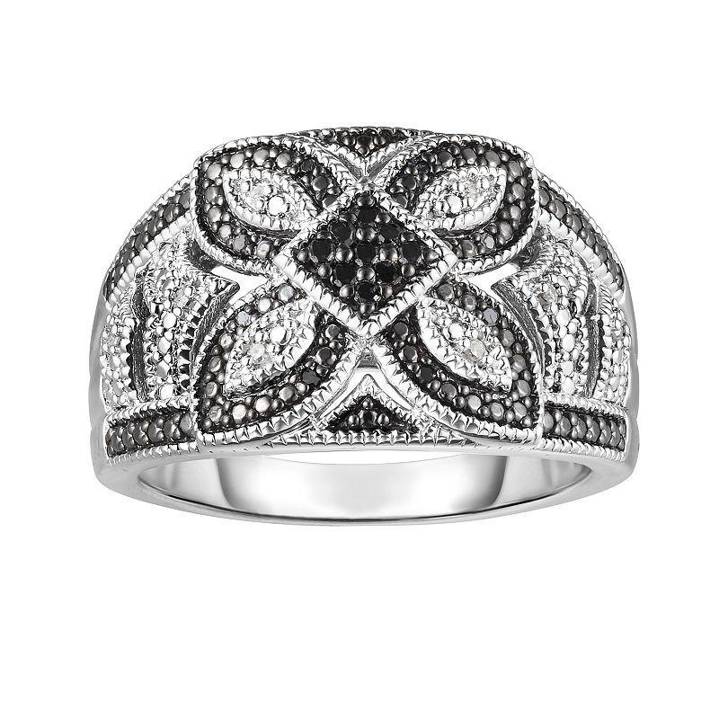 Sterling Silver 1/10 Carat T.W. Black & White Diamond Flower Ring, Womens Silver Tone Product Image