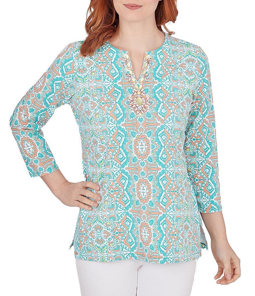 Ruby Rd. Medallion Print Split Round Neck 3/4 Sleeve Top Product Image